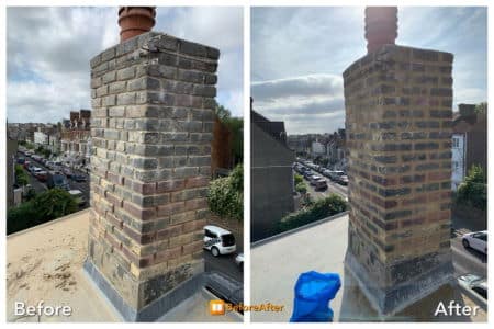 Chimney stack In Margate. Structural cracks repairs completed with stainless steel helical bar and resin. This was then pointed with a traditional lime mortar.